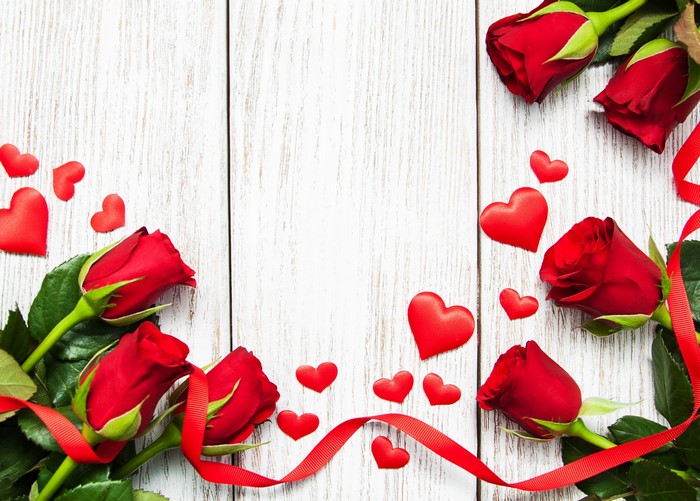 Red Roses and Hearts on Wood Planks