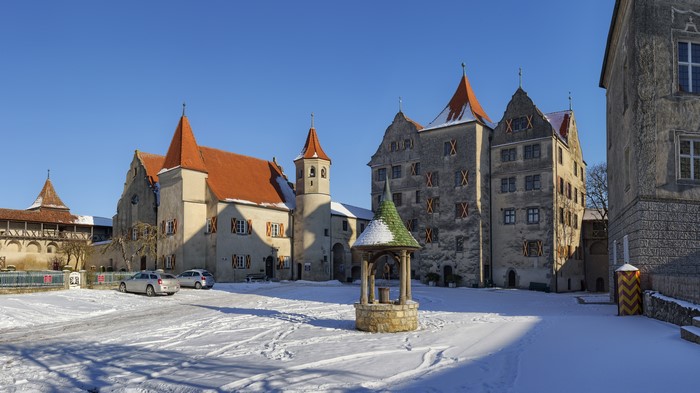 Harburg Castle courtyard in winter, Germany