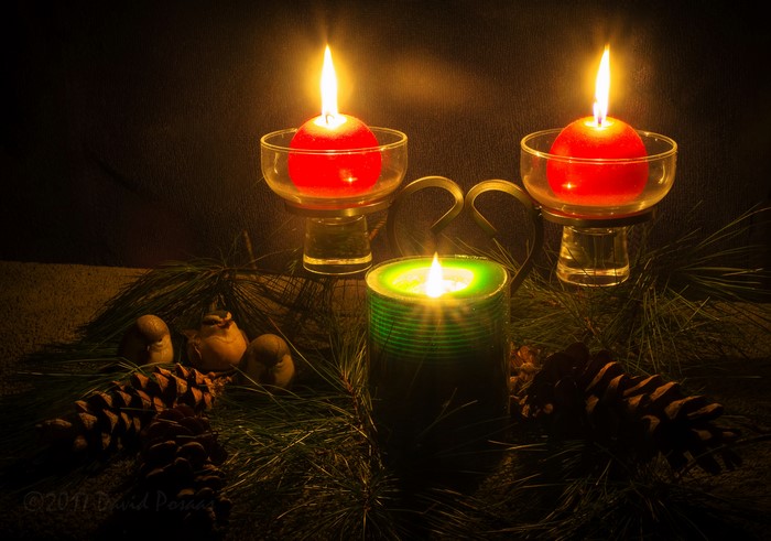 Christmas Candles with Pine Cones and Ornaments