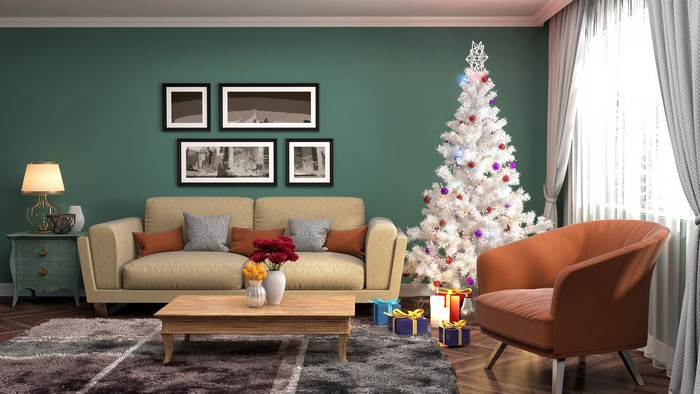 Living room with Christmas tree and gifts