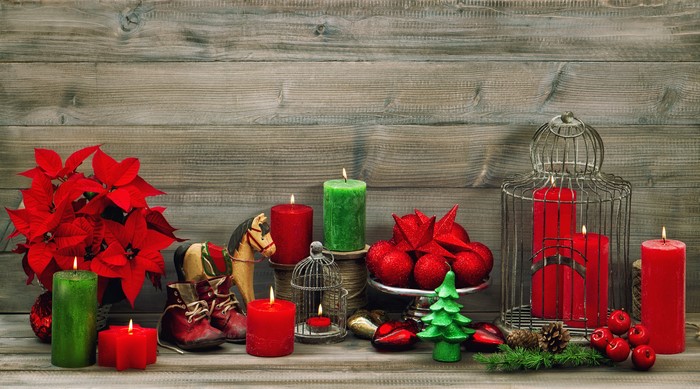 Christmas Decorations with Candles and Poinsettias