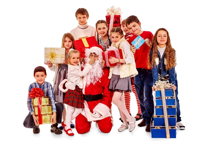 Santa Claus and children with Christmas gifts