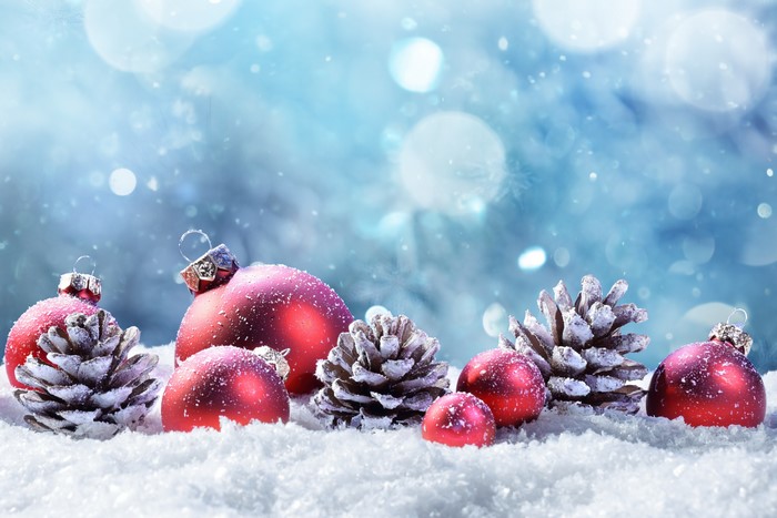 4K Festive Red Christmas Balls with Snowy Pine Cones