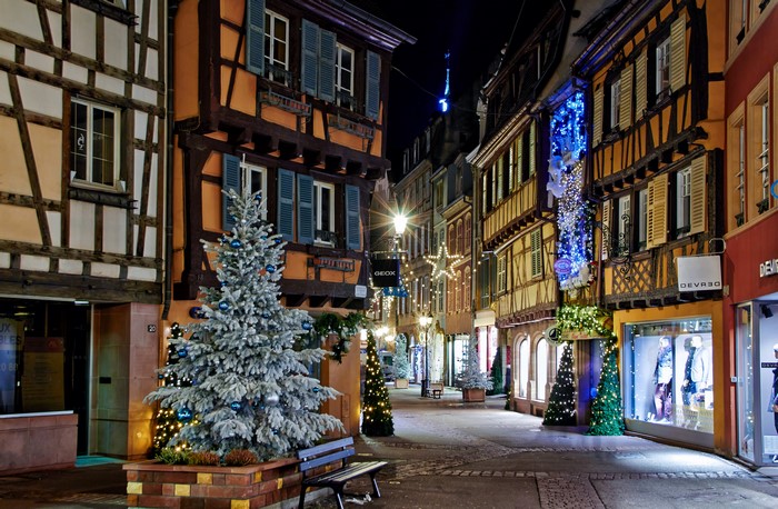 Colmar, France at night with Christmas decorations