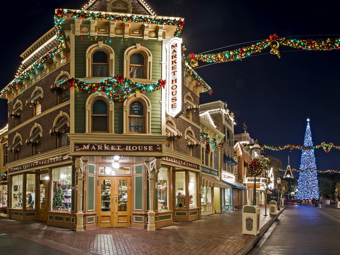 Disneyland Market House decorated for Christmas at Night
