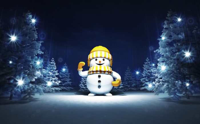 Snowman in a winter forest at night
