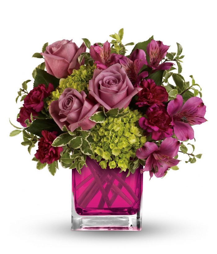 Pink Roses and Alstroemeria in a Pink Vase
