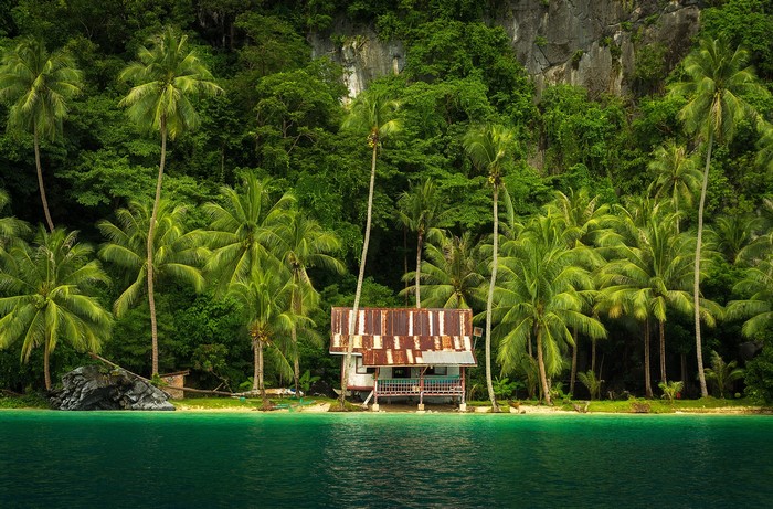 Tropical beach house with palm trees in El Nido, Philippines