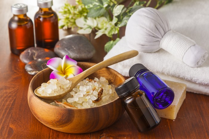 Spa items with Plumeria flower and essential oils
