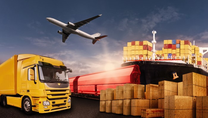 Airplane, Container Ship, Trucks, and Train