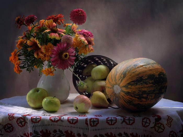 Still-life with flowers, pumpkin, apples, and pears