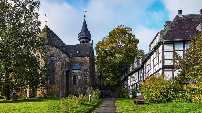 Church and half-timbered houses in Goslar, Germany