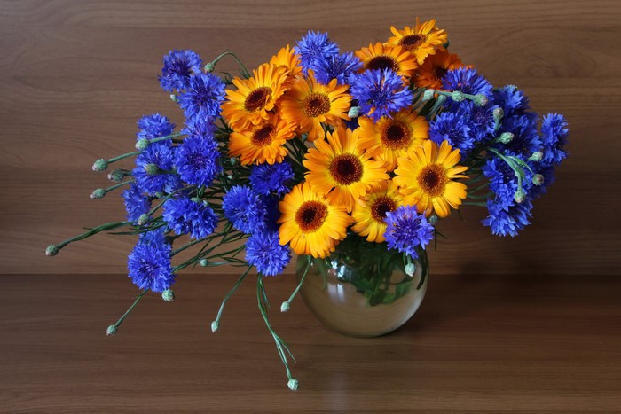 Bouquet of Cornflowers and Calendula in a Vase