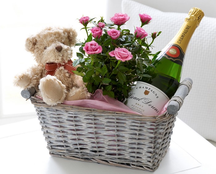 Champagne, Roses, and Teddy Bear Gift Basket