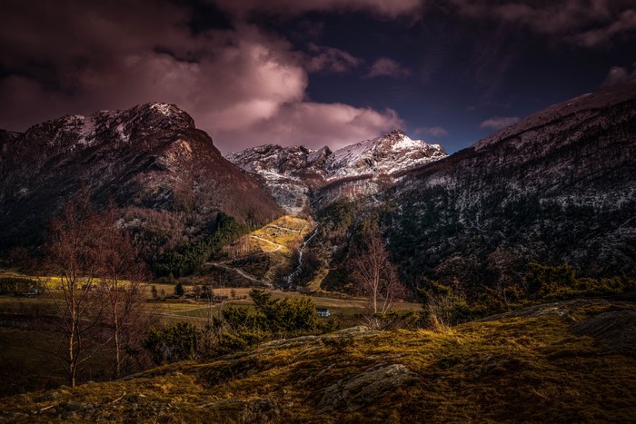Mountains and valley in Norway at dusk