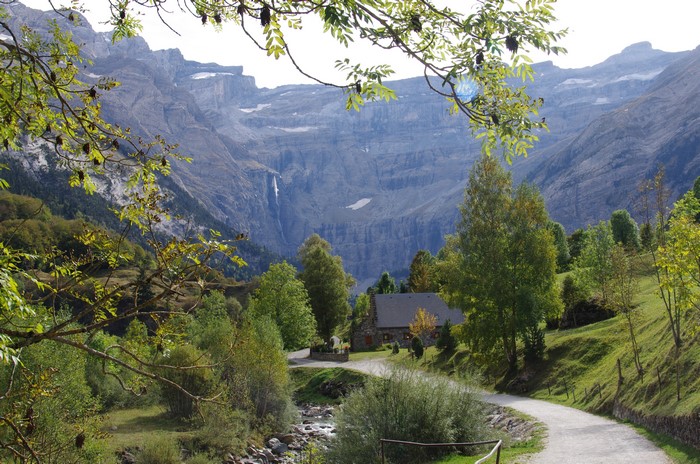 Gavarnie Pyrenees Mountains France with Waterfall and House