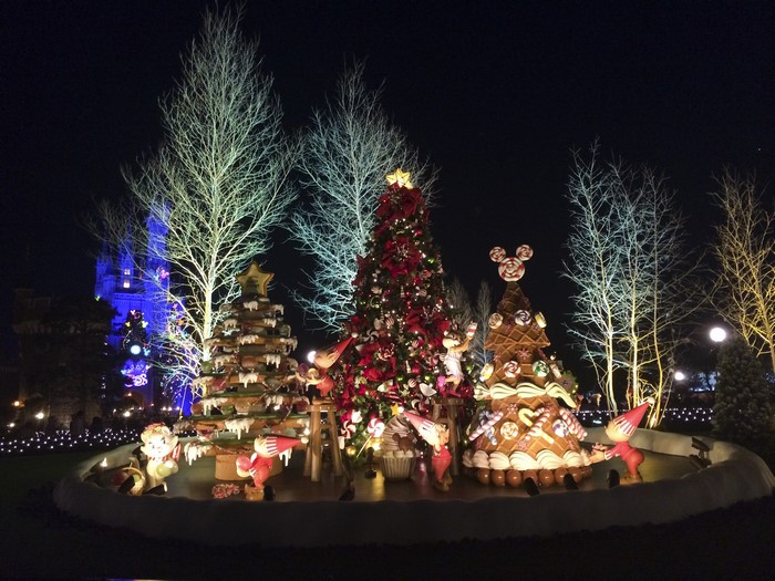 Christmas decorations at Tokyo Disneyland at night