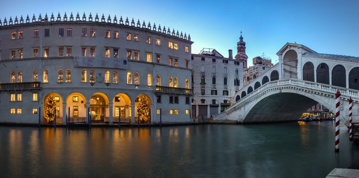 Rialto Bridge and Grand Canal in Venice at Dusk