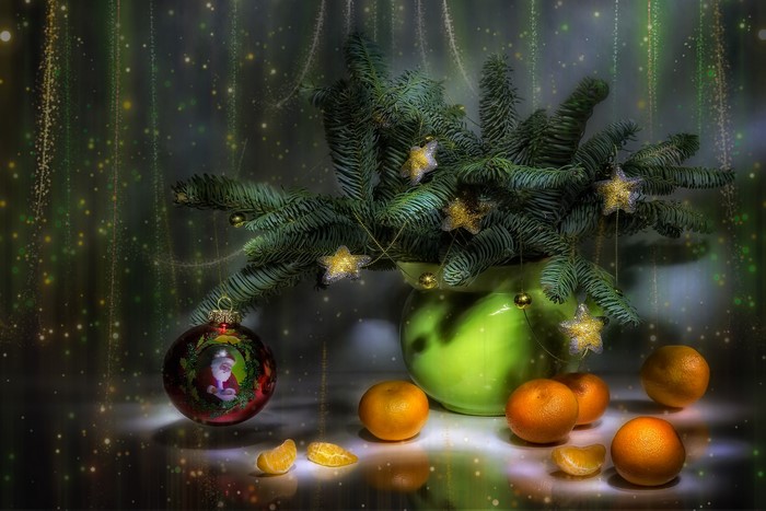 Christmas still life with tangerines and ornaments