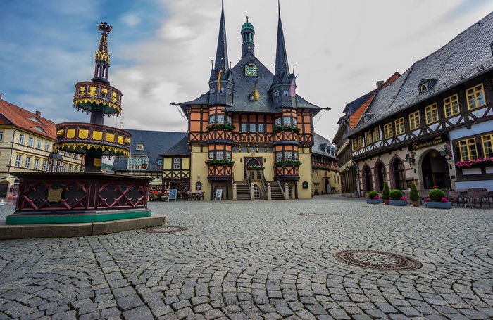 Town Square with Fountain and Historic Buildings in Wernigerode, Germany