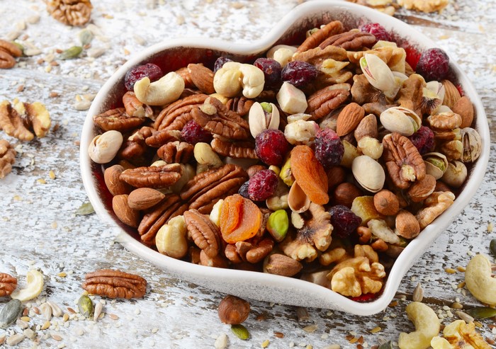 Heart-shaped bowl of mixed nuts and dried fruit
