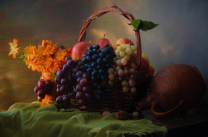 Still-life with grapes, apples, flowers, and jug