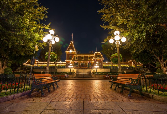 Disneyland Main Street Station at Night