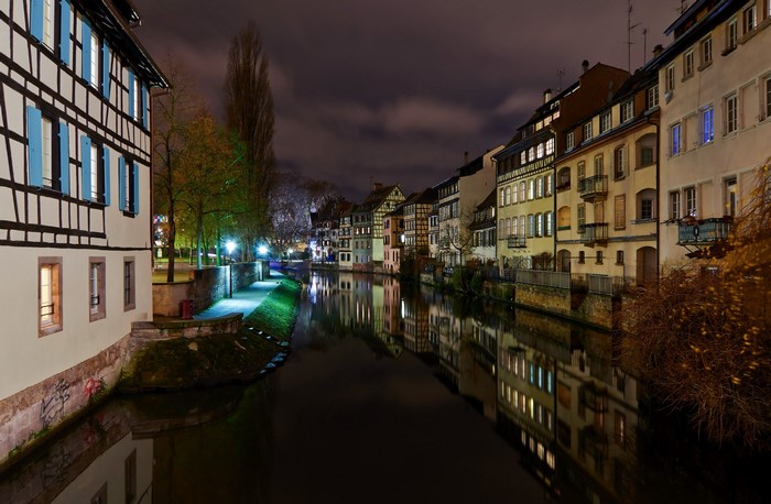 Strasbourg canal at night with reflections