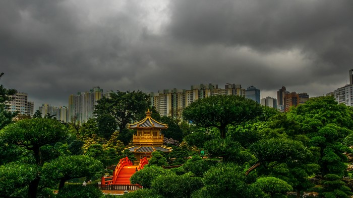 Golden Pagoda and Red Bridge in Hong Kong Park