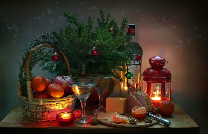 Christmas still life with fruit, cheese, and liquor