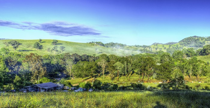 HDR landscape of rolling hills and trees in Little Hartley, Australia