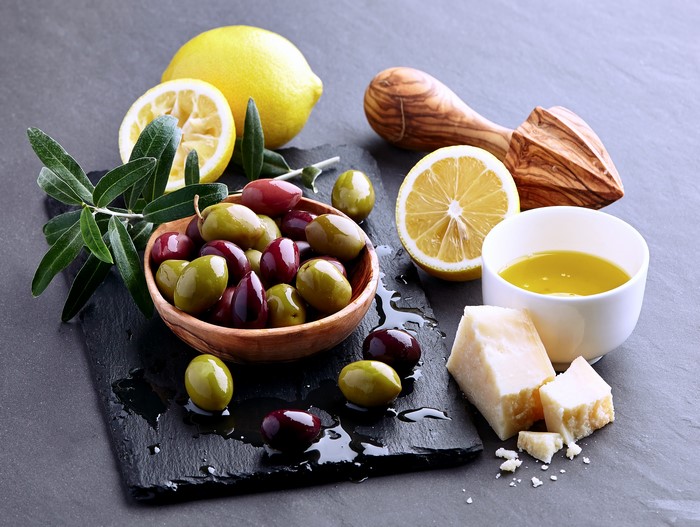 Olives, Lemons, Cheese, and Olive Oil