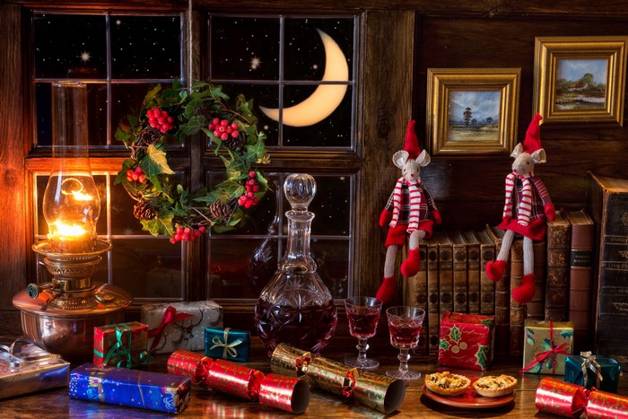 Christmas still life with gifts and wine