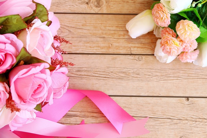 Pink Roses and White Tulips with Ribbon on Wood