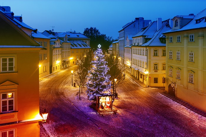 Christmas tree and nativity scene in Prague at night