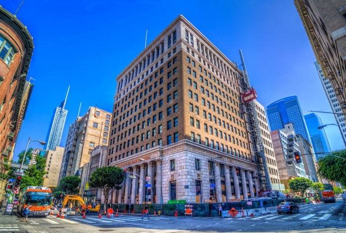 Downtown Los Angeles Street Scene with Buildings and Bus