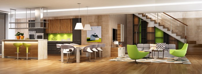 Modern open-plan kitchen and living room with stairs