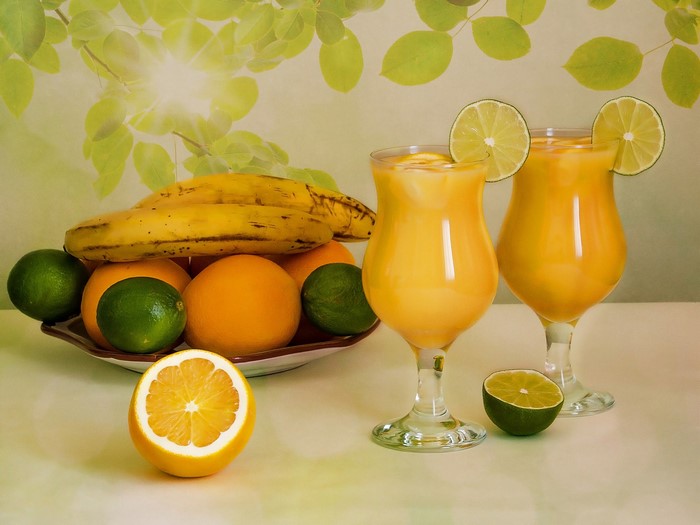 Fruit and Orange Juice in Glasses