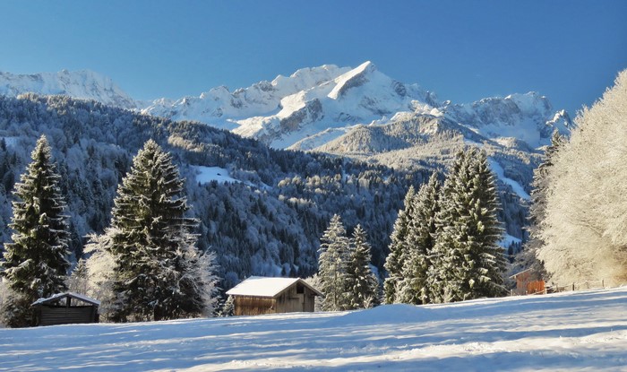 Winter landscape with snow-covered mountains and spruce trees in Garmisch Partenkirchen, Germany