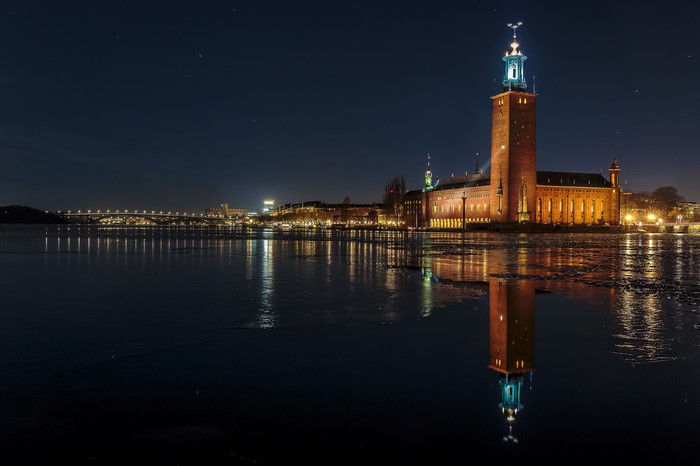 Stockholm City Hall at night with reflection