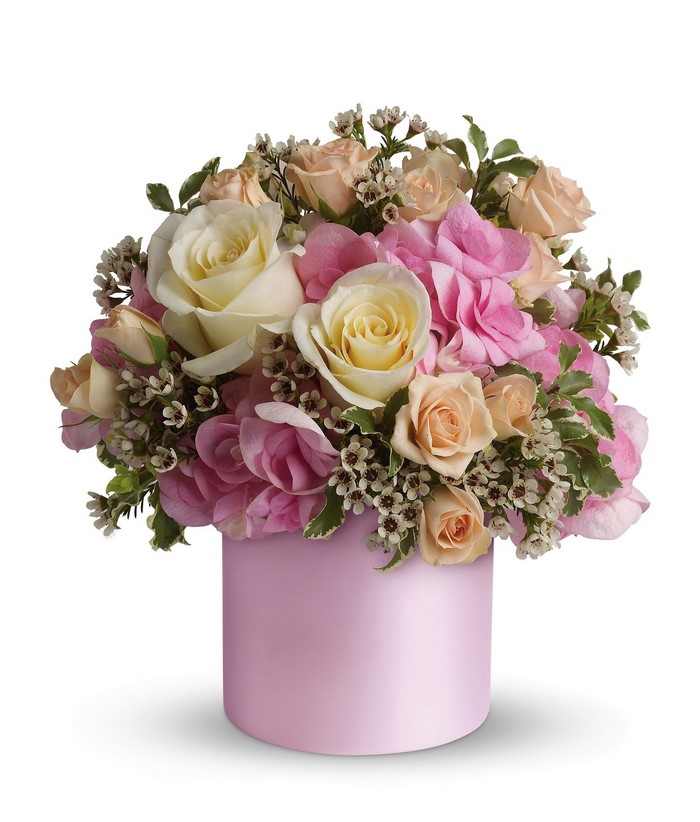 Pink and cream rose bouquet in a pink box