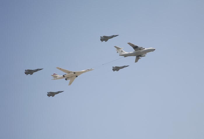 Tupolev Tu-160 bomber and fighter jets in flight