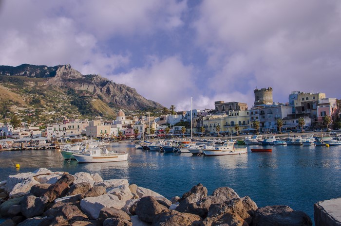 Forio Ischia, Italy Marina with Boats and Mountains