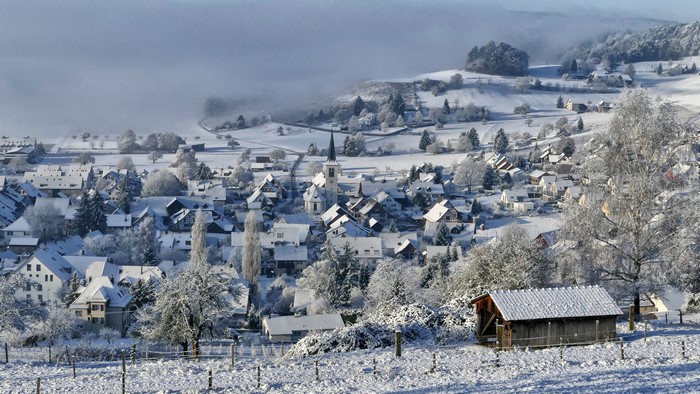 Village in winter with snow in Canton of Zurich, Switzerland