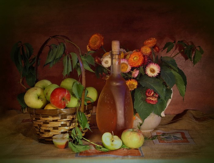 Still-life with apples, asters, and a bottle