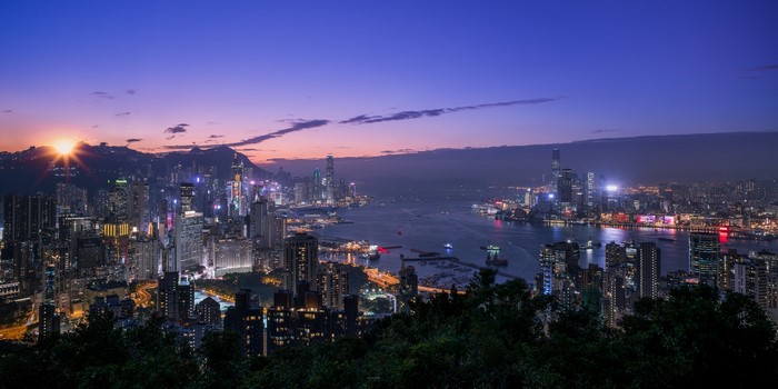 Hong Kong skyline at dusk with Victoria Harbour