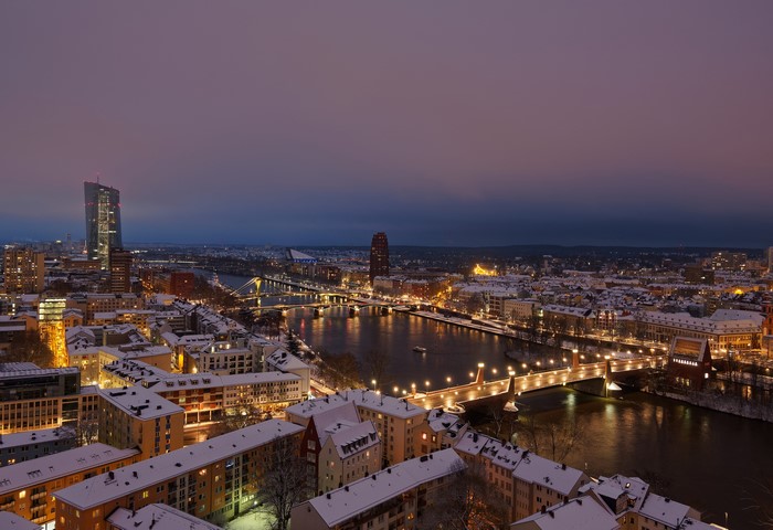 Frankfurt skyline with snow-covered roofs at night