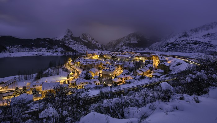 4K Riano, Spain Winter Village at Night