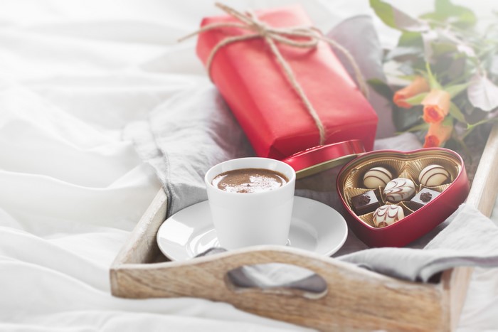 Breakfast in Bed with Coffee, Chocolates, and Gift