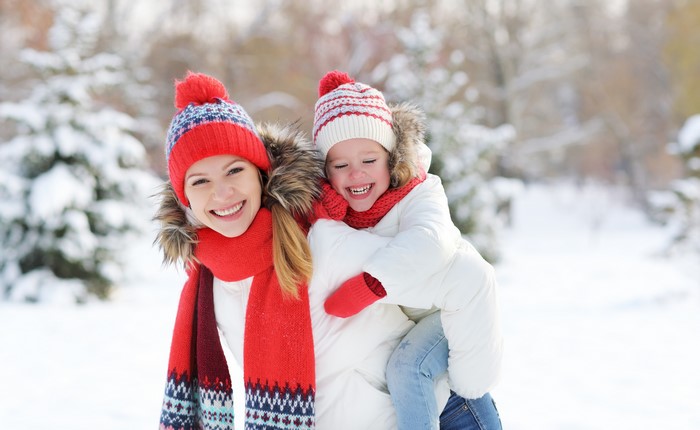 Mother and daughter in winter hats and scarves